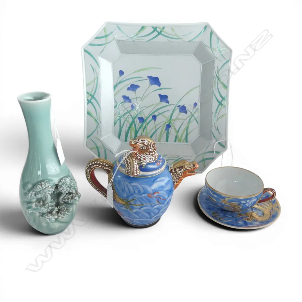 JAPANESE DRAGONWARE TEAPOT/CUP/SAUCER w Geisha girl, CELADON GLAZED VASE w LANDSCAPE & PORCELAIN PLATE Image 1++