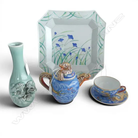 JAPANESE DRAGONWARE TEAPOT/CUP/SAUCER w Geisha girl, CELADON GLAZED VASE w LANDSCAPE & PORCELAIN PLATE