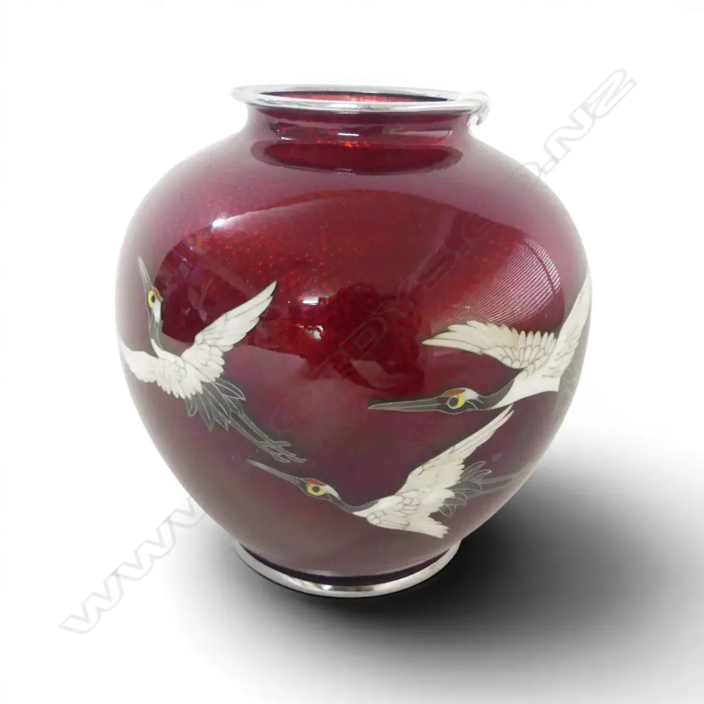 JAPANESE CLOISONNE ENAMEL VASE w CRANE MOTIFS, H.120mm Image 1++