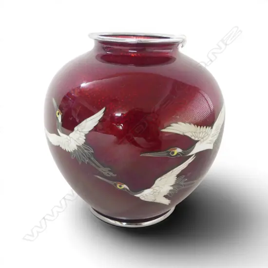 JAPANESE CLOISONNE ENAMEL VASE w CRANE MOTIFS, H.120mm
