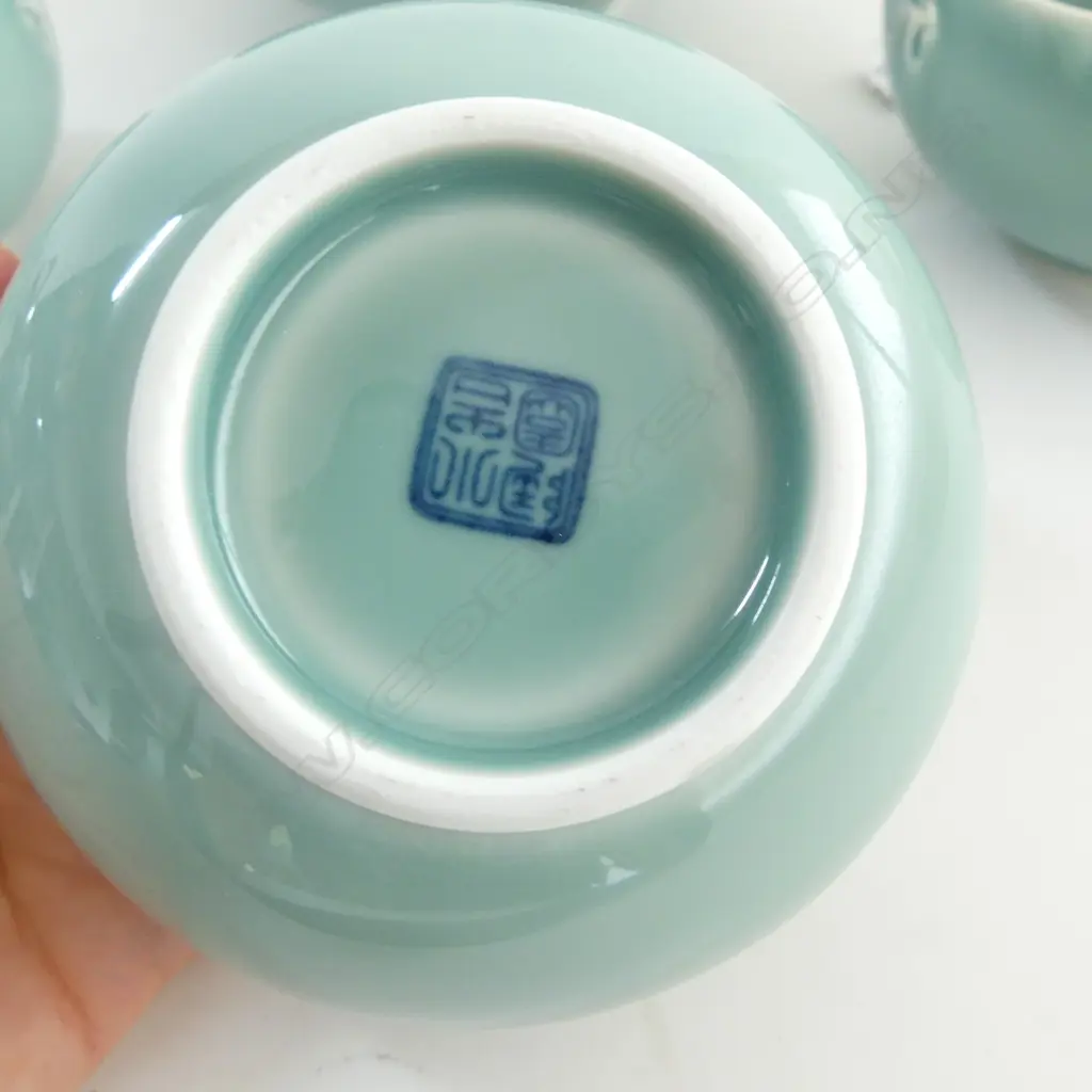 JAPANESE CELADON BOWLS, 1 LRG, 3 SML, stamp on base Image 1++