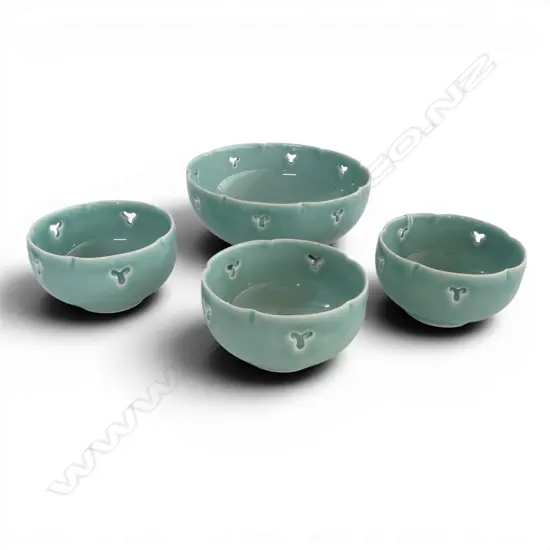 JAPANESE CELADON BOWLS, 1 LRG, 3 SML, stamp on base