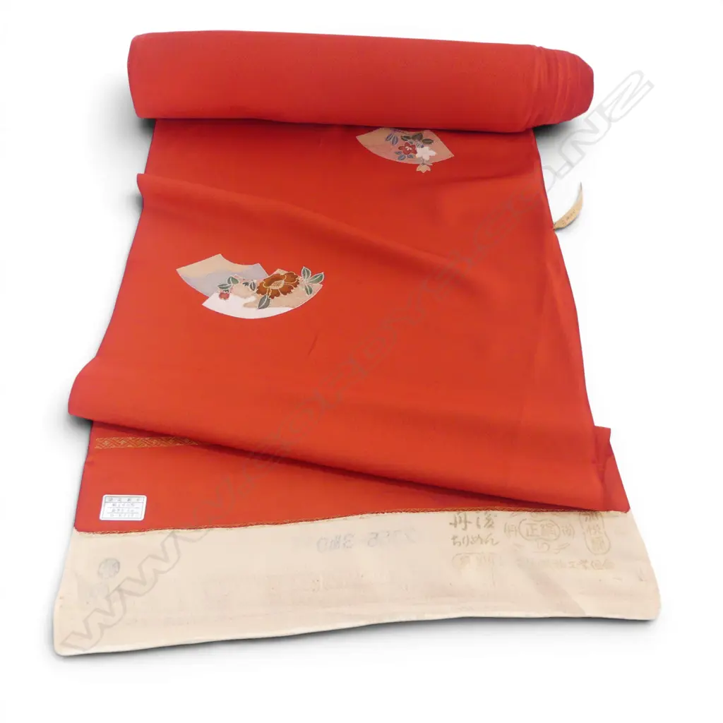 Unused 1980's NISHIJIN TEXTILE (Kyoto) JAPANESE red floral & fan pattern SILK ROLL L.12M W.370mm. New old stock... Image 1++