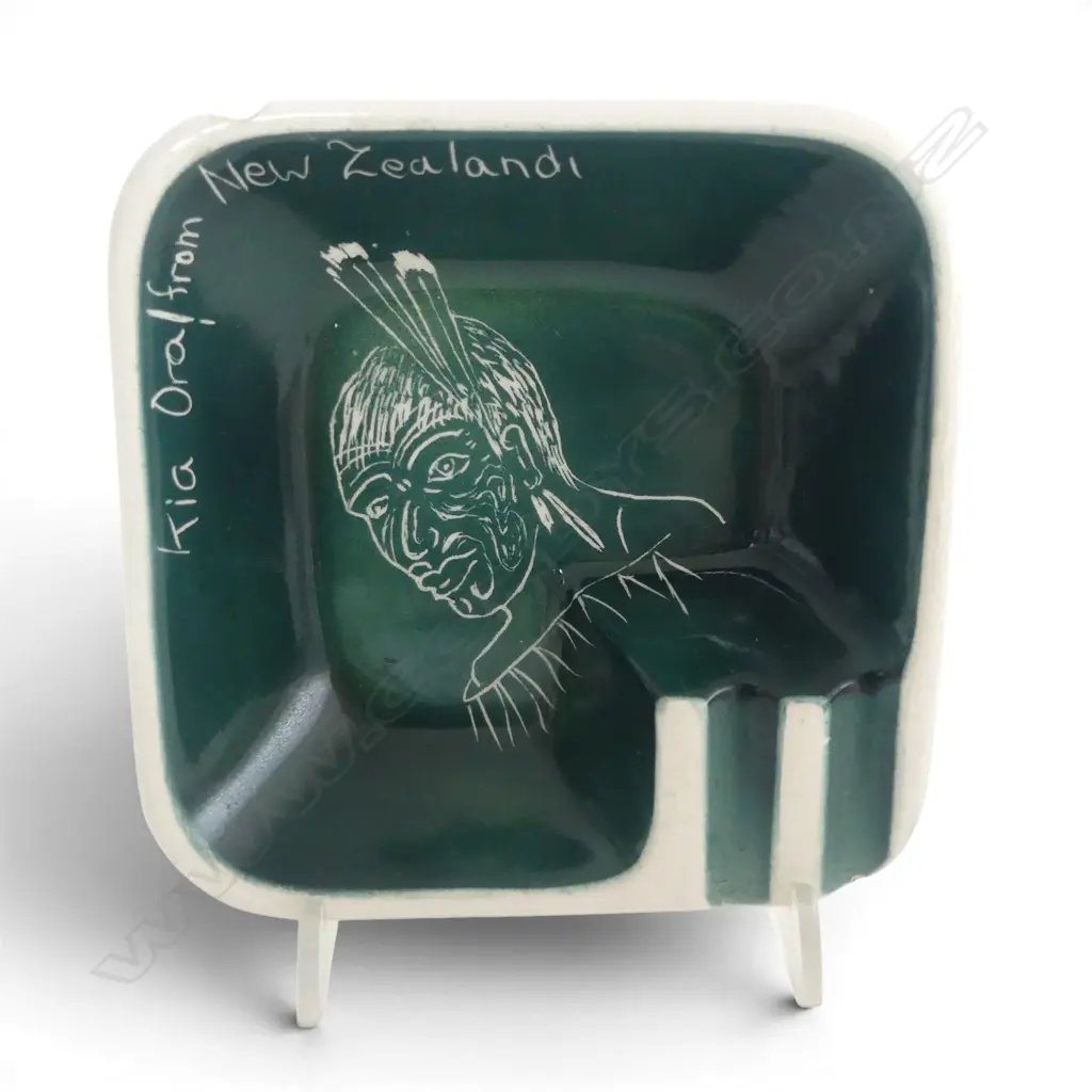 Rare Titian Studio (NZ) Pottery ashtray 'Kia Ora ! from New Zealand' with incised Maori Chief. Chip to rim Image 1++