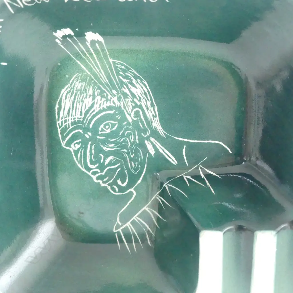 Rare Titian Studio (NZ) Pottery ashtray 'Kia Ora ! from New Zealand' with incised Maori Chief. Chip to rim Image 1++