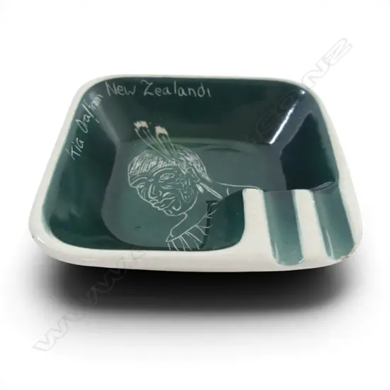 Rare Titian Studio (NZ) Pottery ashtray 'Kia Ora ! from New Zealand' with incised Maori Chief. Chip to rim