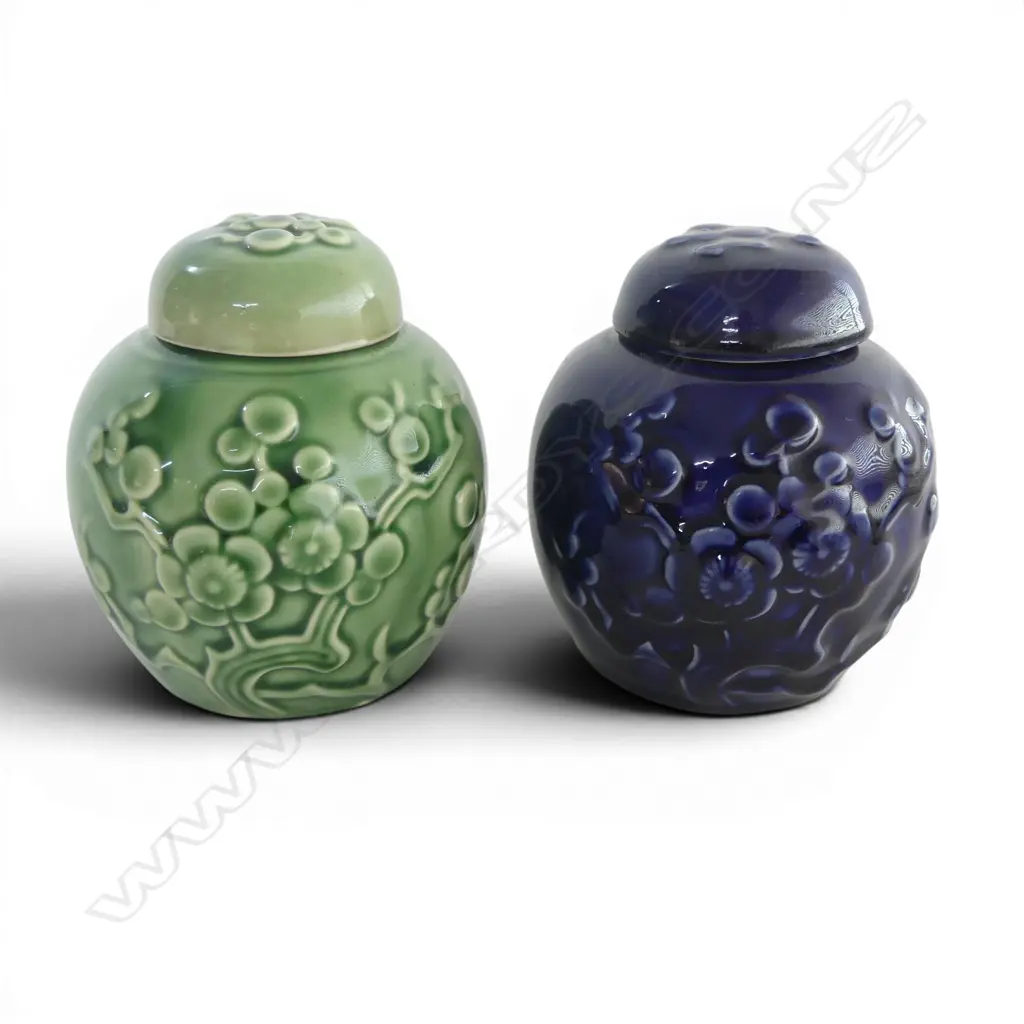 2 CROWN LYNN LIDDED GINGER JARS blossom tree relief, stamped Kienhua H.120mm Image 1++