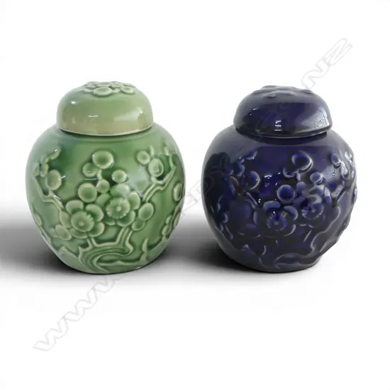 2 CROWN LYNN LIDDED GINGER JARS blossom tree relief, stamped Kienhua H.120mm