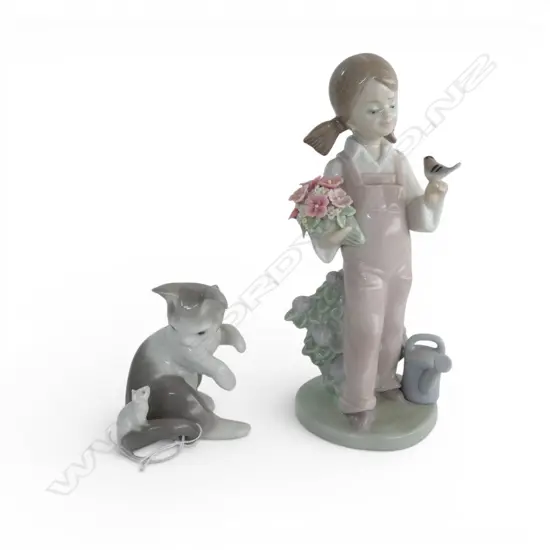 2 LLADRO; GIRL w. BIRD & FLOWERS H.180mm, CAT & MOUSE