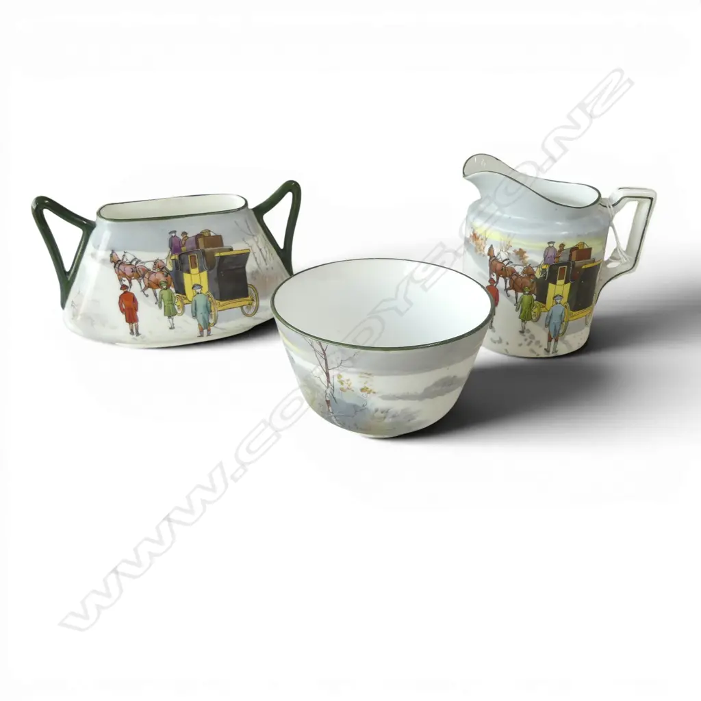 3 ROYAL DOULTON PORCELAIN COACHING SCENE in winter colours: bowl +  vase + jug H.88mm Image 1++