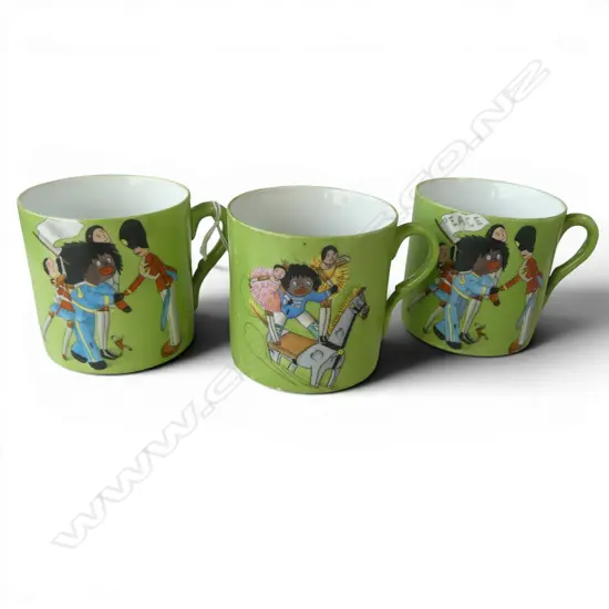 3 FLORENCE KATE UPTON'S DUTCH DOLLS (Golliwog) CHINA MUGS PIECES the base of each molded w scene. H.68mm