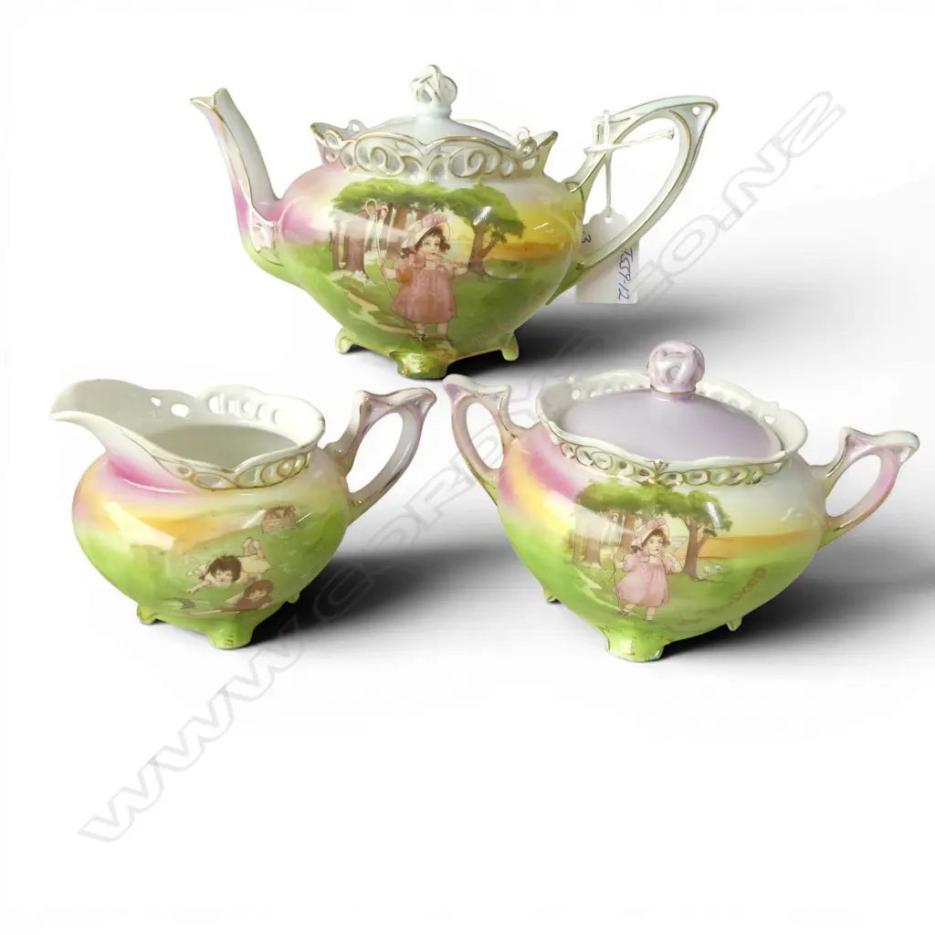 3 ROYAL BAYREAUTH PORCELAIN PCES: 'Little Bo-Peep lidded teapot + lidded sugar bowl & 'Jack & Jill' jug Image 1++
