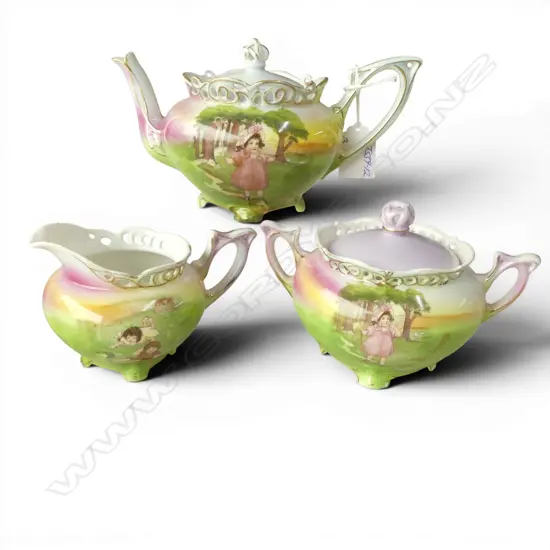 3 ROYAL BAYREAUTH PORCELAIN PCES: 'Little Bo-Peep lidded teapot + lidded sugar bowl & 'Jack & Jill' jug