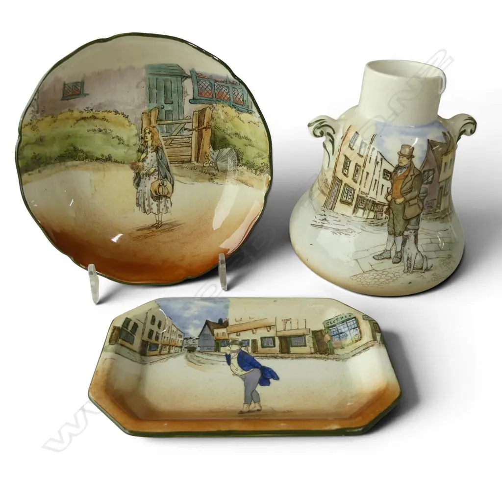THREE ROYAL DOULTON Dickens Ware PIECES: Bill Sykes tea caddy/vase? H.123mm. + Little Nell dish + Mr Pickwick dish. Image 1++