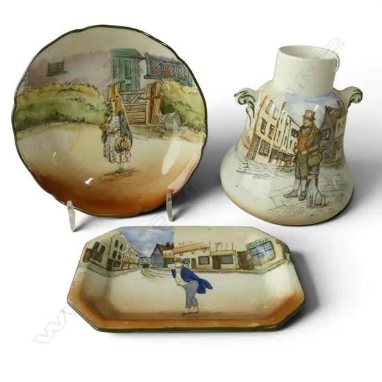 THREE ROYAL DOULTON Dickens Ware PIECES: Bill Sykes tea caddy/vase? H.123mm. + Little Nell dish + Mr Pickwick dish.