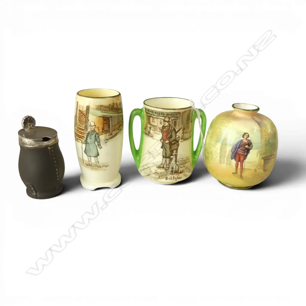 FOUR DOULTON MINI PIECES: 3 Dickens Ware (Bill Sykes. Romeo. Mr Micawber) + leather style jug with silver lid Image 1++