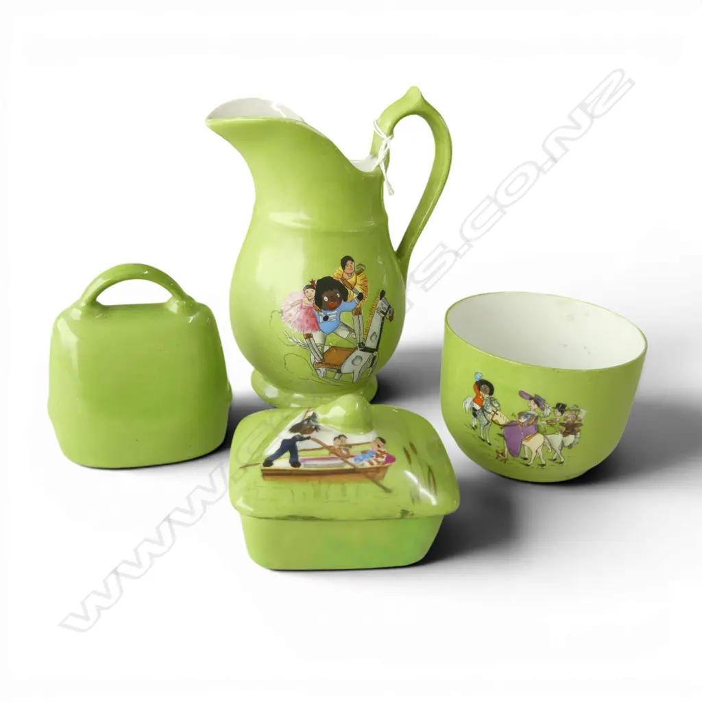 4 FLORENCE KATE UPTON'S DUTCH DOLLS (Golliwog) CHINA PIECES: bowl. bell. lidded box . wide mouthed jug H.130mm. Image 1++