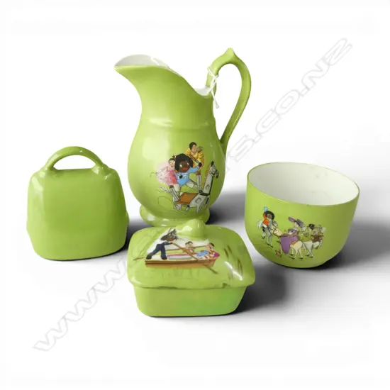 4 FLORENCE KATE UPTON'S DUTCH DOLLS (Golliwog) CHINA PIECES: bowl. bell. lidded box . wide mouthed jug H.130mm.