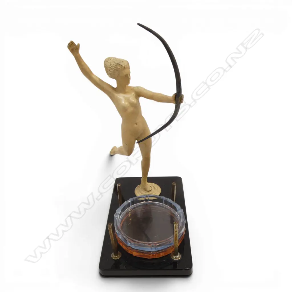 1920’S ART DECO ‘DIANA THE HUNTRESS’ CAST METAL COASTER STAND, H.195MM L.150MM Image 1++
