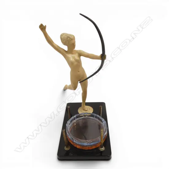1920’S ART DECO ‘DIANA THE HUNTRESS’ CAST METAL COASTER STAND, H.195MM L.150MM