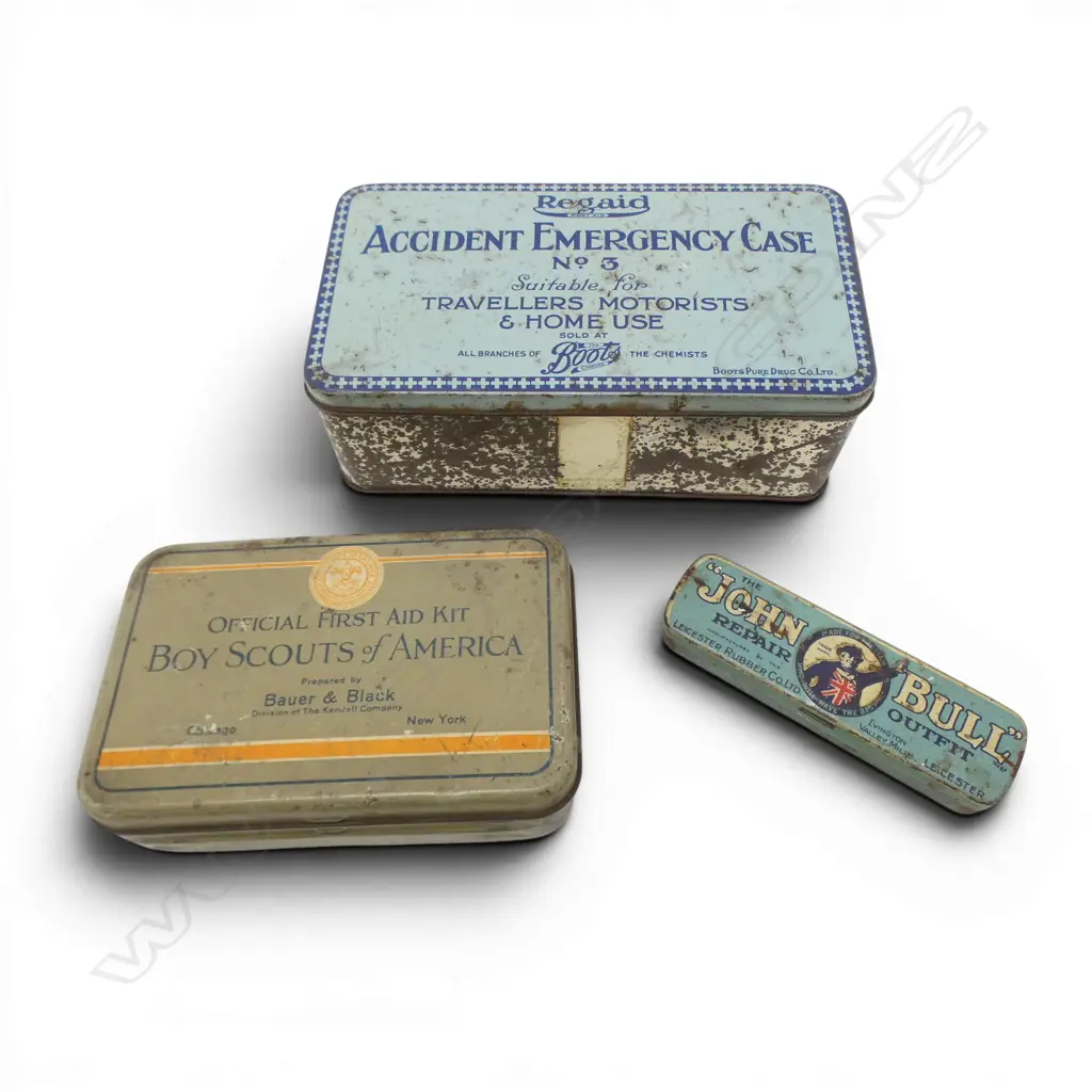 3 TINS TRAVELLERS MOTORISTS A&E, BOY SCOUTS FIRST AID, JOHN BULL REPAIR CONTENTS, L.115MM-180MM Image 1++