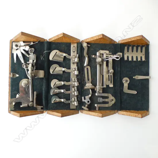 OAK FOLDING BOX OF ASST. SINGER SEWING MACHINE PARTS