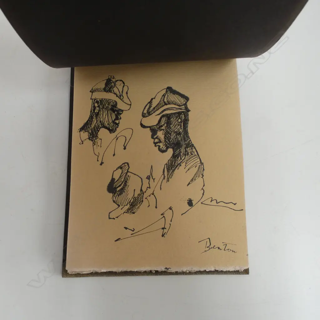 SMALL LEATHER BOUND SKETCH BOOK DEPICTING FIGURES AND RURAL SCENES, ALL SIGNED 'BENTON' Image 1++