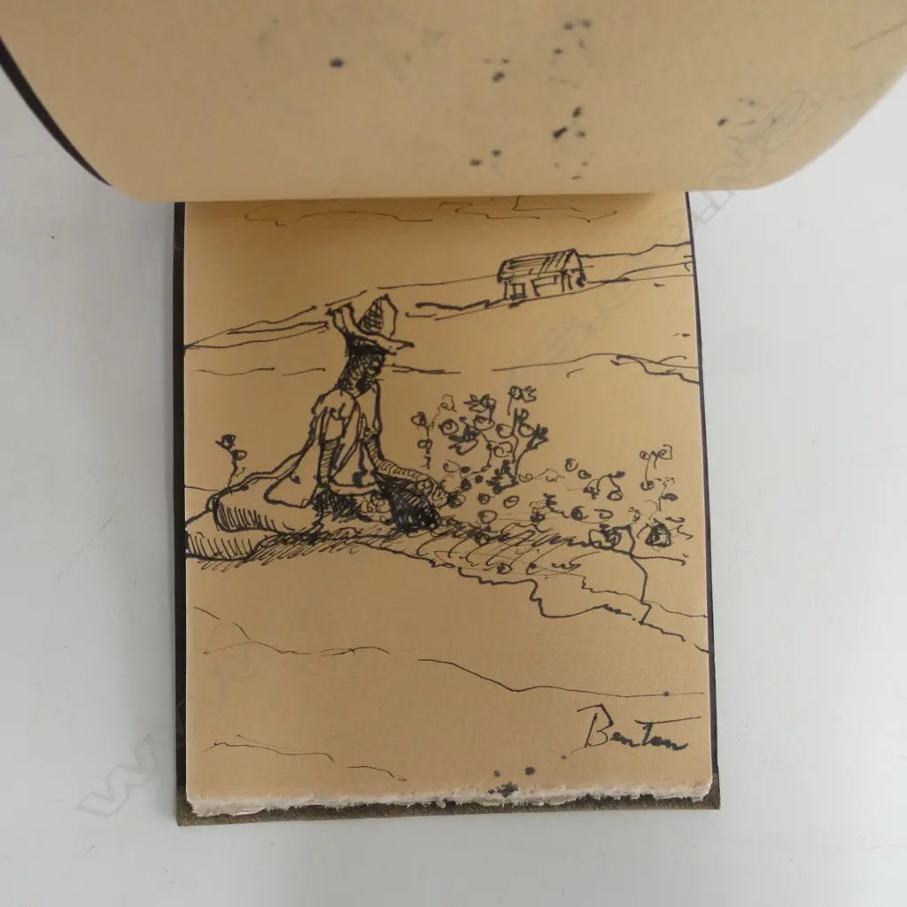 SMALL LEATHER BOUND SKETCH BOOK DEPICTING FIGURES AND RURAL SCENES, ALL SIGNED 'BENTON' Image 1++