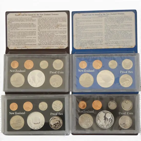 4 N.Z. COIN ISSUE PROOF SETS 2x 1981, 1982, 50th Anniversary of Coinage 1983, each w. .925 silver dollar