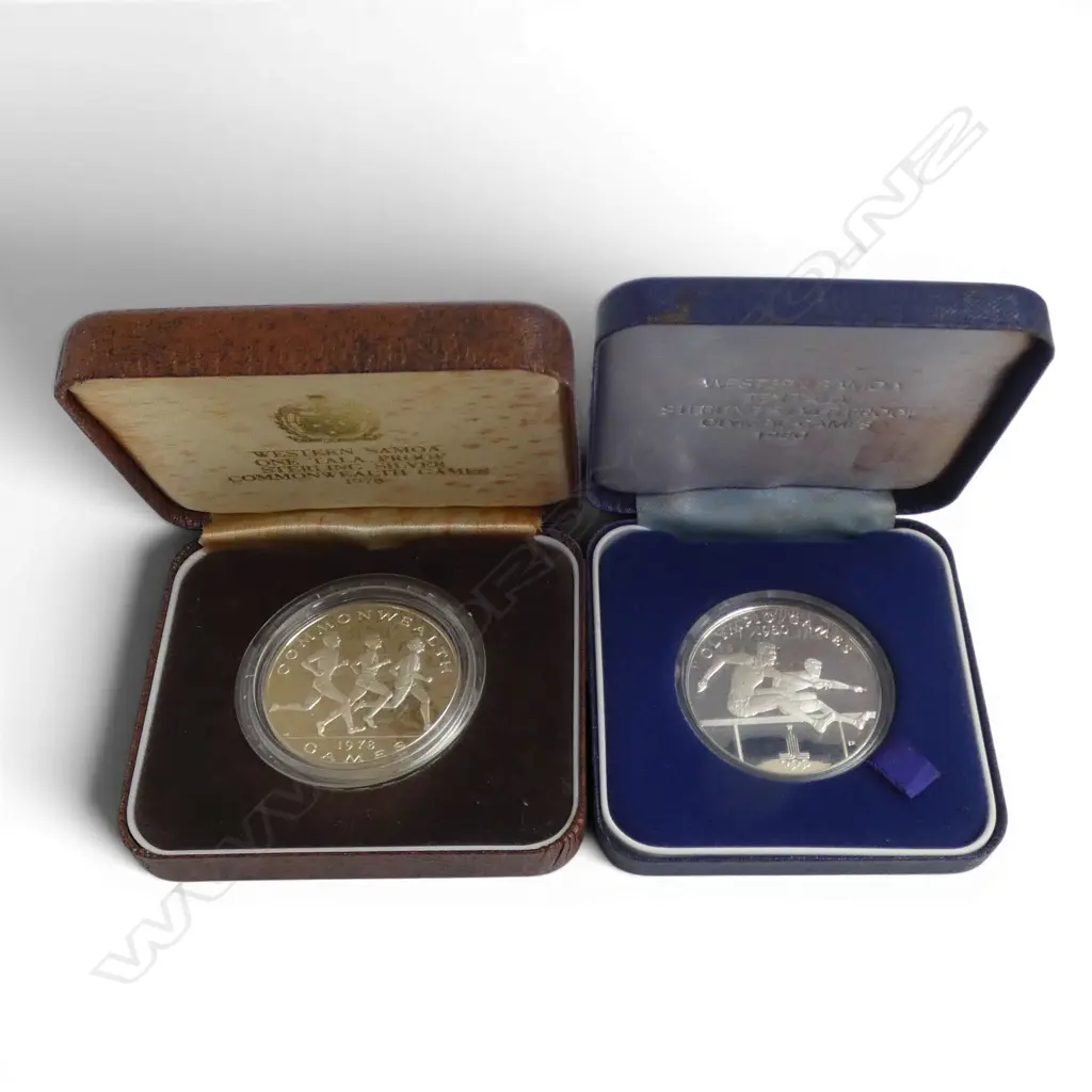 2 CASED COMM. WESTERN SAMOA .925 PROOF COINS; OLYMPIC GAMES 1980 & COMMONWEALTH GAMES 1978 60gms TW Image 1++
