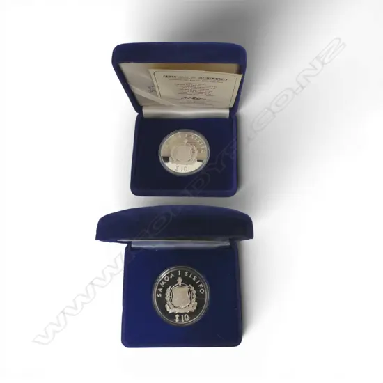 2 CASED COMM. WESTERN SAMOA TEN TALA .925 PROOF COINS; 1981 ROYAL WEDDING & BRISBANE 1982 62.94gms TW