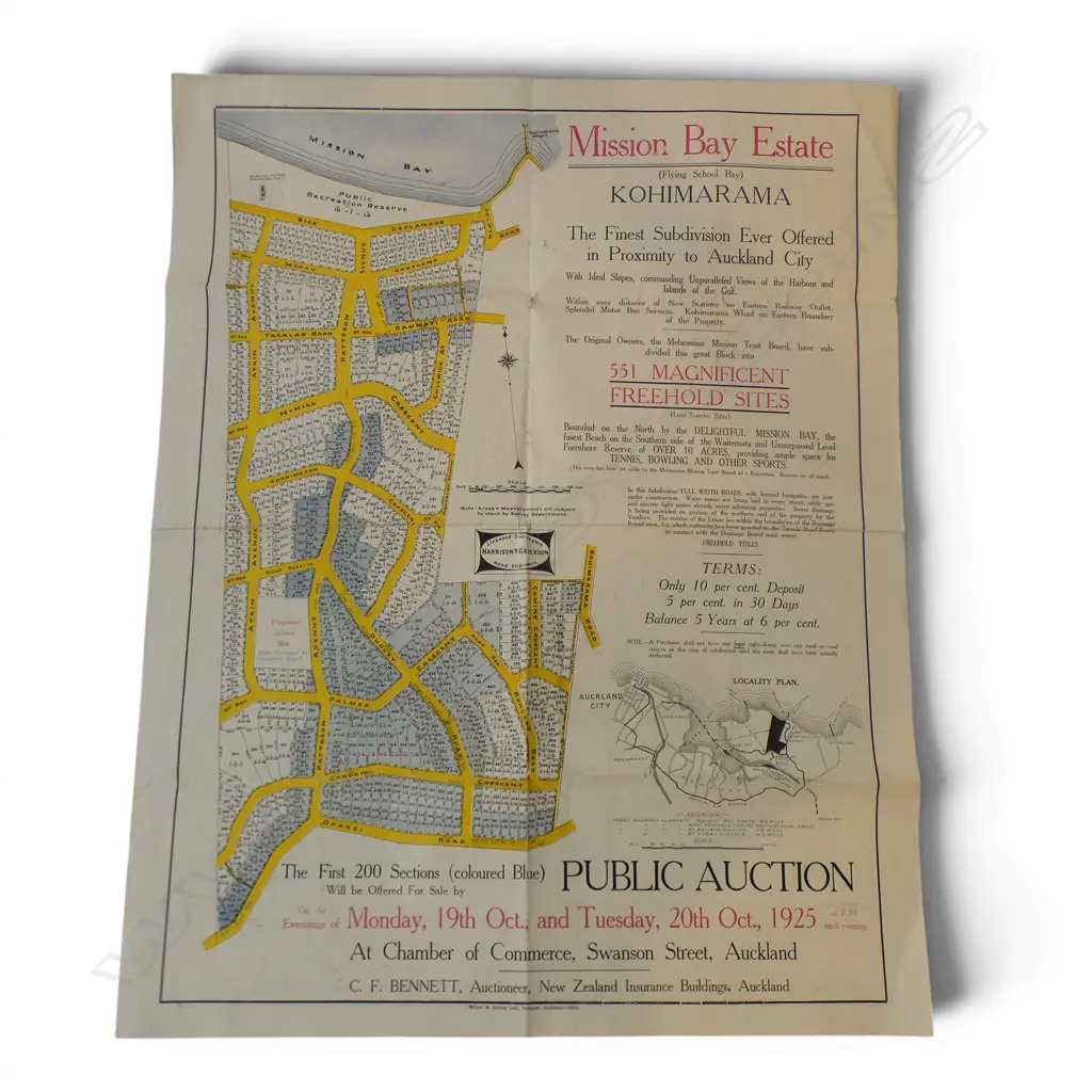 100 YEAR OLD POSTER (Dble sided) OF SALE BY AUCTION 551 SECTIONS IN MISSION BAY 1925 Image 1++