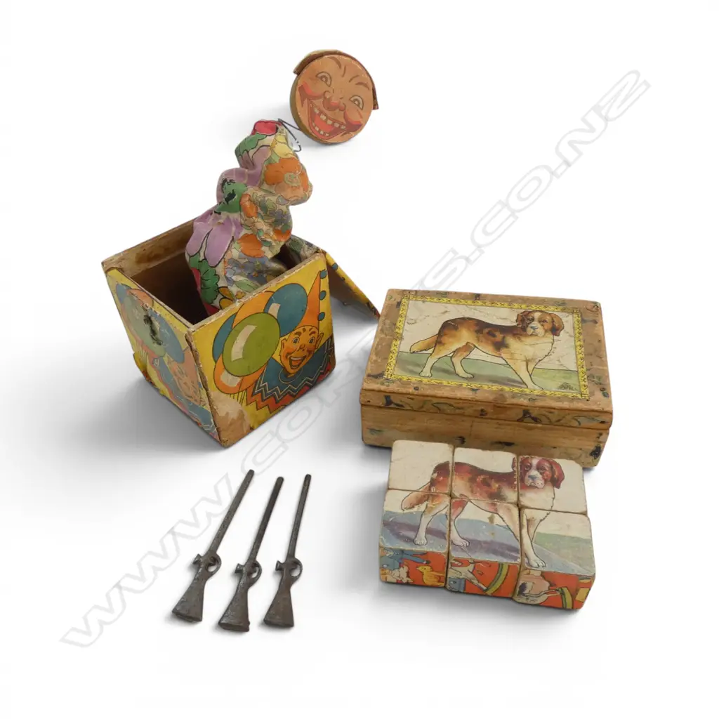 VINTAGE JACK-N-THE-BOX CLOWN & VINTAGE GERMAN PUZZLE CUBES etc Image 1++