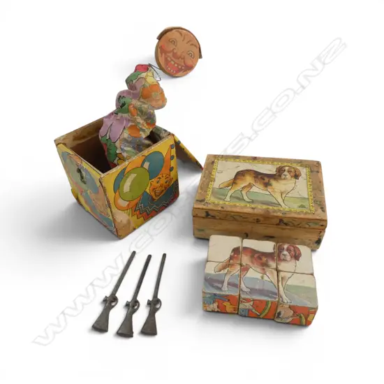 VINTAGE JACK-N-THE-BOX CLOWN & VINTAGE GERMAN PUZZLE CUBES etc