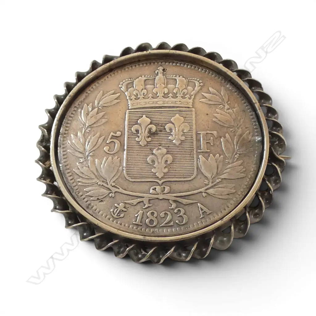 SILVER FRENCH LOUIS XVIII 1823 FRANK in silver brooch mount 32.10gms Image 1++
