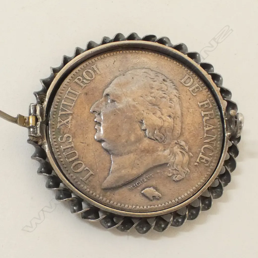 SILVER FRENCH LOUIS XVIII 1823 FRANK in silver brooch mount 32.10gms Image 1++
