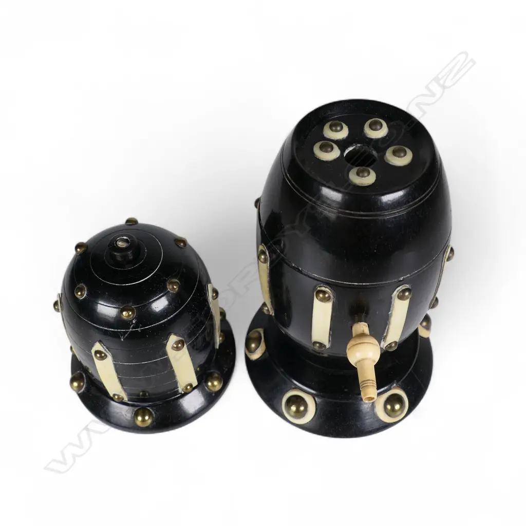 Two 19thC ebony and ivory sewing thread dispensers one of barrel form, H.105mm. Image 1++