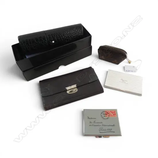 5 PCES; MONT BLANC LEATHER POUCH L.165mm, LOUIS VUITTON COIN PURSE, COMPACT, DIOR CARD CASE, LEATHER WALLET