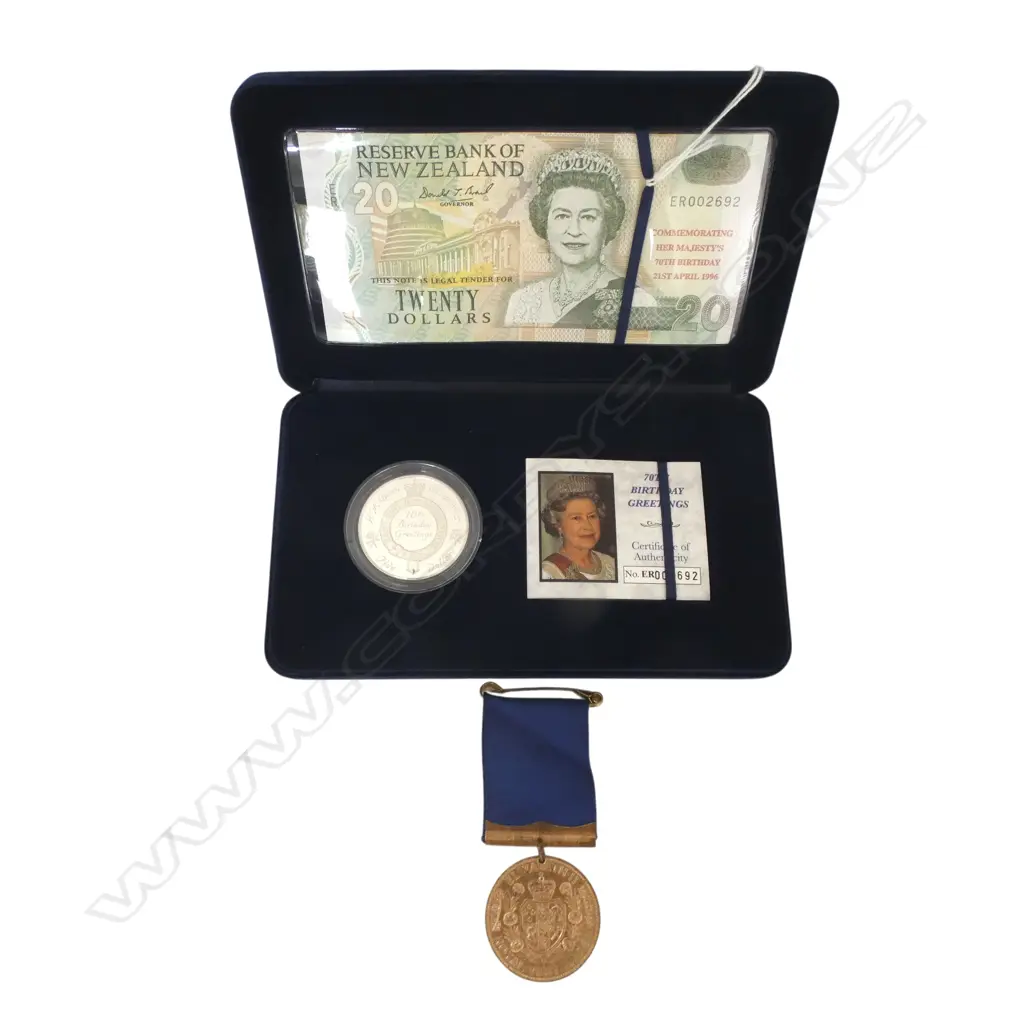 PROOF NZ $20 BANK NOTE + $5 COIN CASED w cert. + 1953 Visit medallion Image 1++