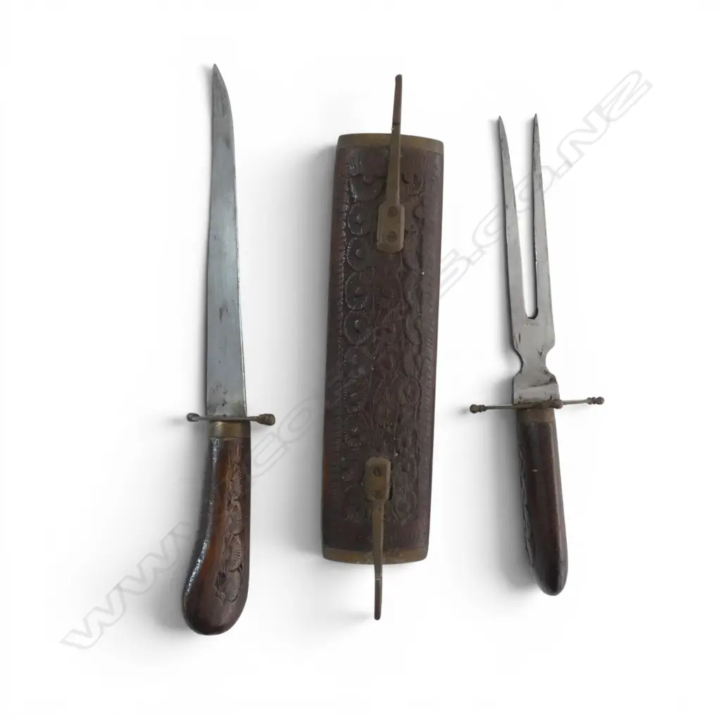 INDIAN BRASS & WOOD KNIFE & FORK SET L.450mm Image 1++