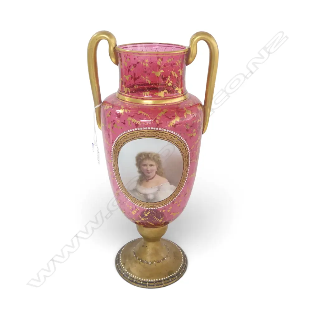 LG LATE 19thC GILDED CRANBERRY GLASS VASE w. PORTRAIT PANEL H.380mm Image 1++