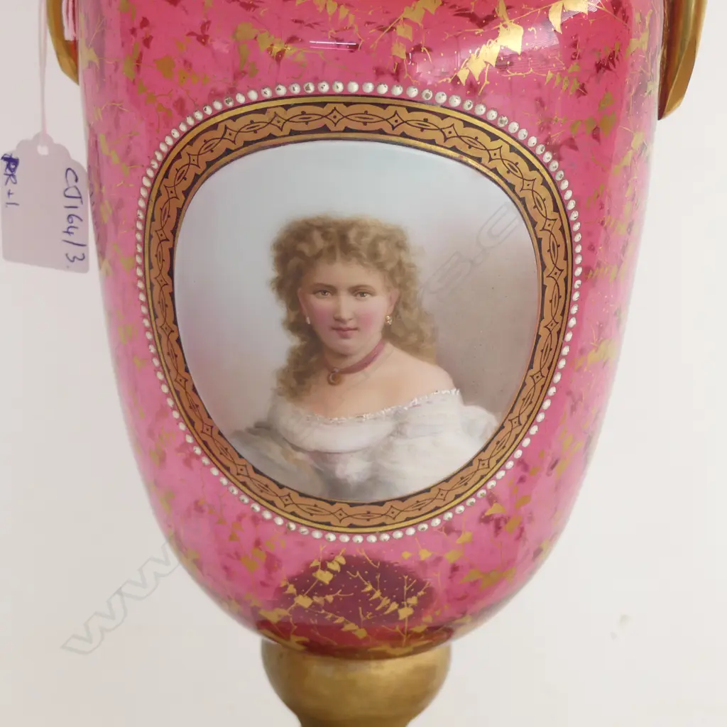 LG LATE 19thC GILDED CRANBERRY GLASS VASE w. PORTRAIT PANEL H.380mm Image 1++
