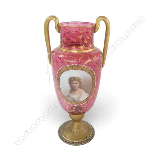 LG LATE 19thC GILDED CRANBERRY GLASS VASE w. PORTRAIT PANEL H.380mm