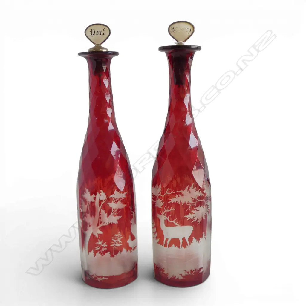 PR BOHEMIAN RUBY FLASHED GLASS DECANTERS; MoP STOPPERS SHERRY & PORT H.350mm... Image 1++