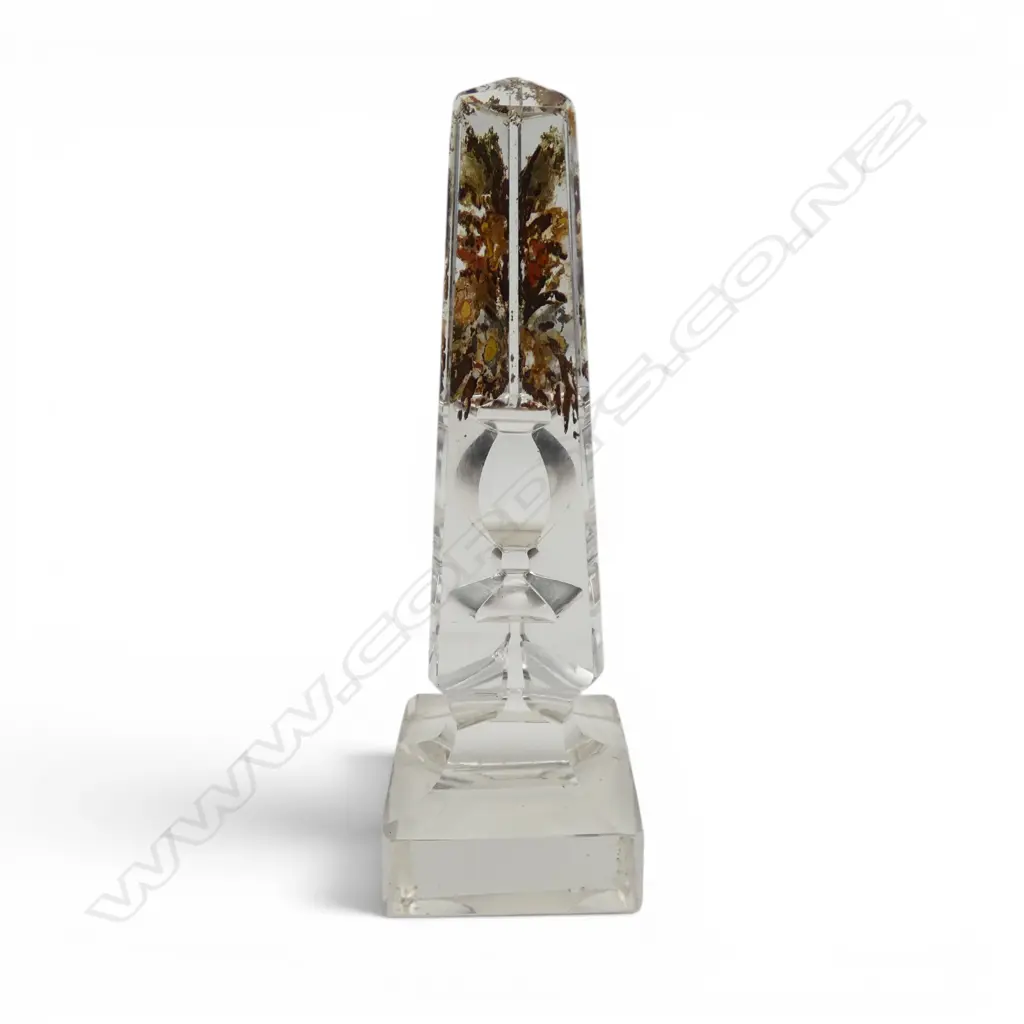Rare c.1830 REGENCY CUT GLASS MINIATURE OBELISK PRISM with an optical illusion of an urn. H.105mm Image 1++