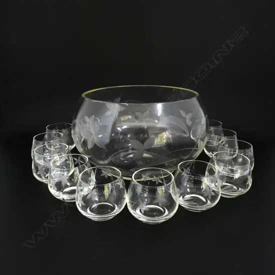 CRYSTAL PUNCH BOWL 300mm dia & 10 GLASSES