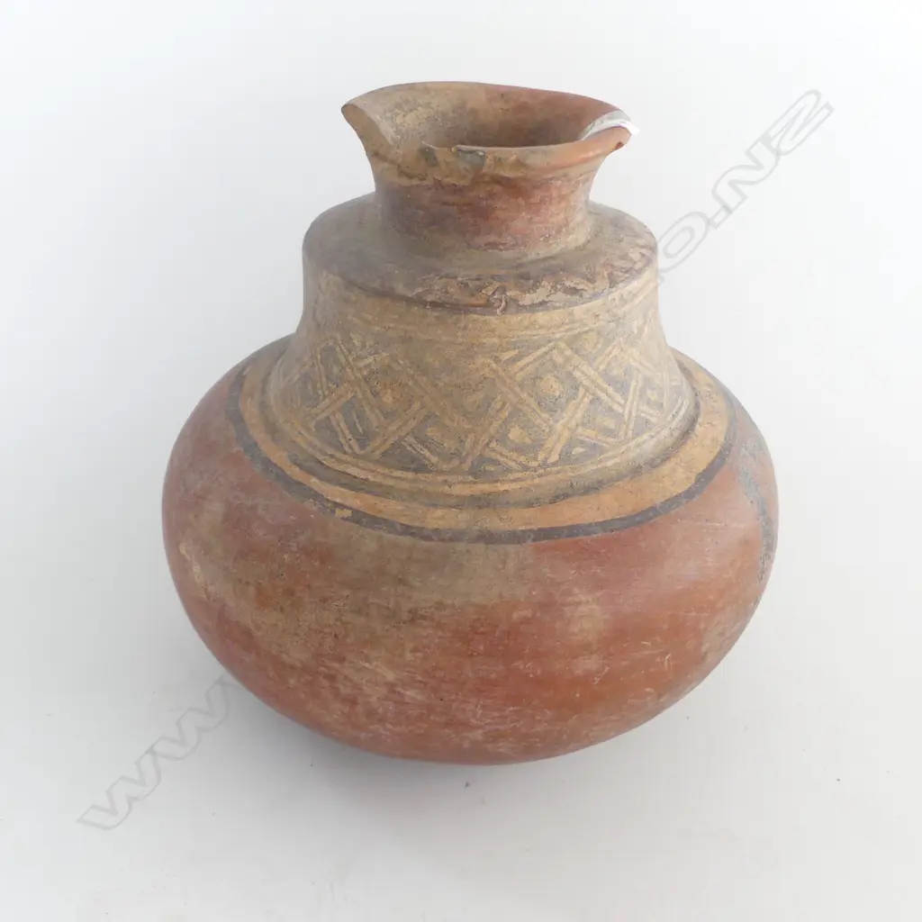 EARLY PRE-COLUMBIAN LARGE red pottery POT painted geometric decoration to the neck. lge rim chip. H.235mm. Image 1++