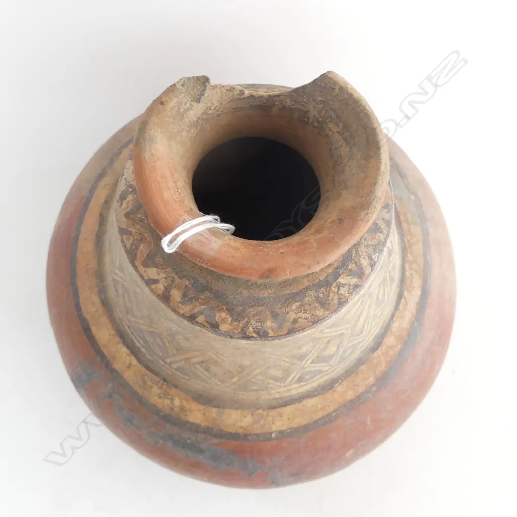 EARLY PRE-COLUMBIAN LARGE red pottery POT painted geometric decoration to the neck. lge rim chip. H.235mm. Image 1++