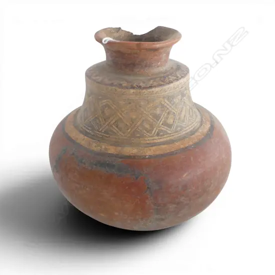 EARLY PRE-COLUMBIAN LARGE red pottery POT painted geometric decoration to the neck. lge rim chip. H.235mm.