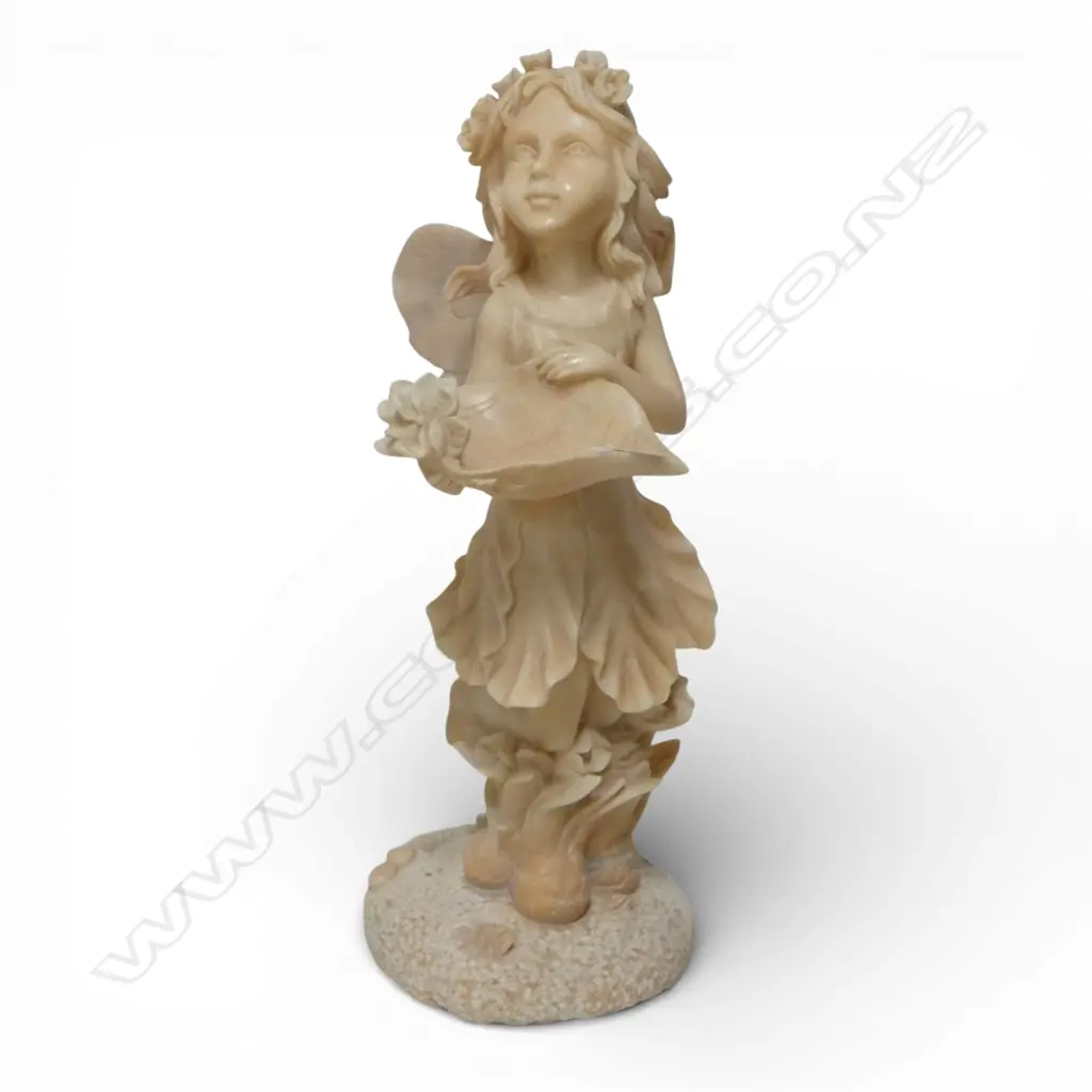 Carved marble sculpture of a pixie girl holding a leaf form bowl. Flowers to her hair H615mm Image 1++